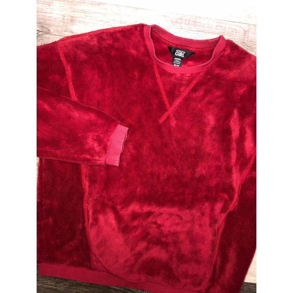Athleta Girl Fleece Crewneck Sweater XL 14 Fuzzy Fleece Kangaroo Pocket Dark Red